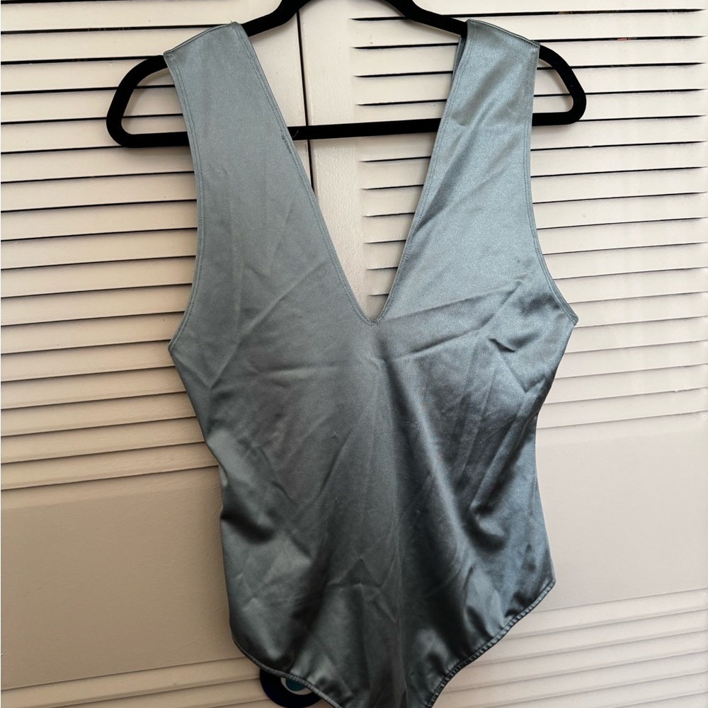 Free People Sleek V-Neck Satin Bodysuit in Shimmering Steel Blue
